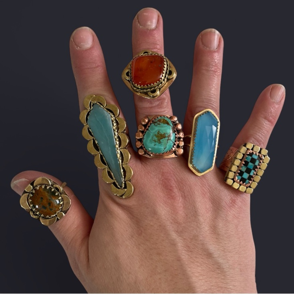 Turquoise & Onyx Checkerboard Ring – Mixed Metal Statement Ring, Size 7.5 - Picture 3 of 6